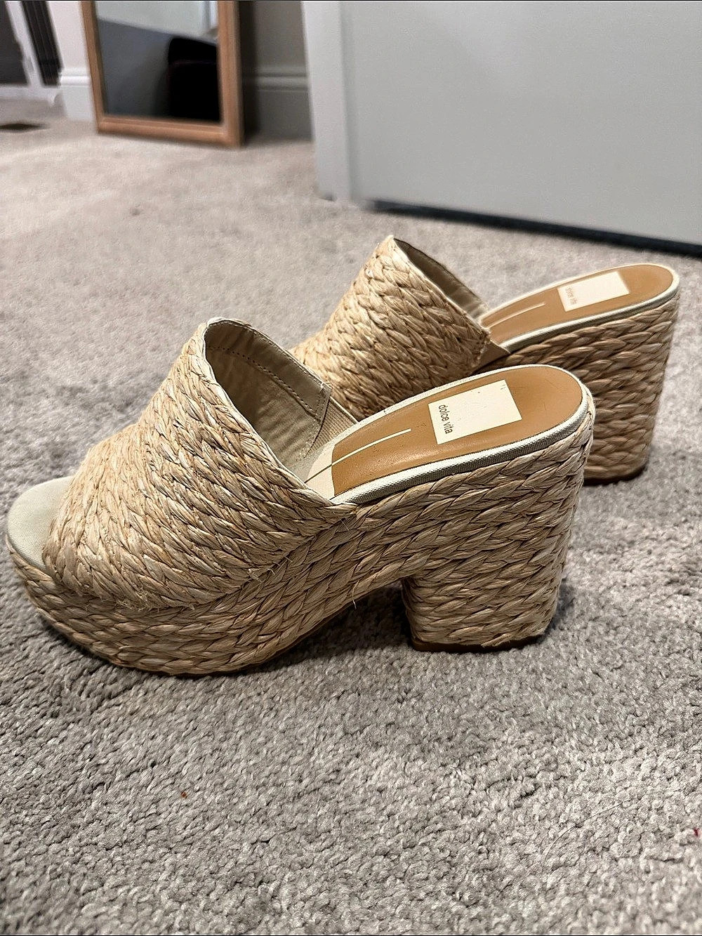 dolce vita Ripple Raffia Platform Thong Block Heel Wedges in Beige